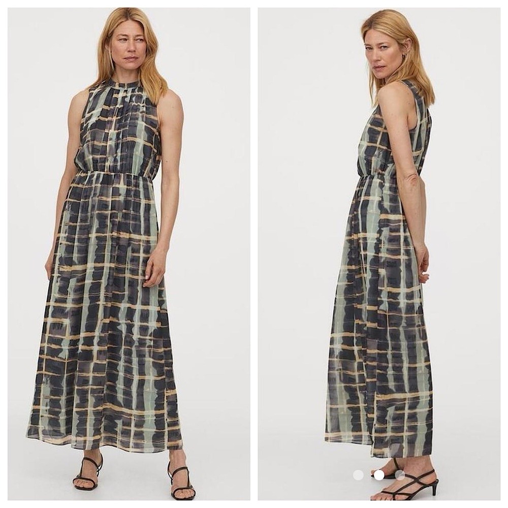 H&M Pleated Bust Sleeveless Maxi Dress Sz M Multicolor Elastic Waist